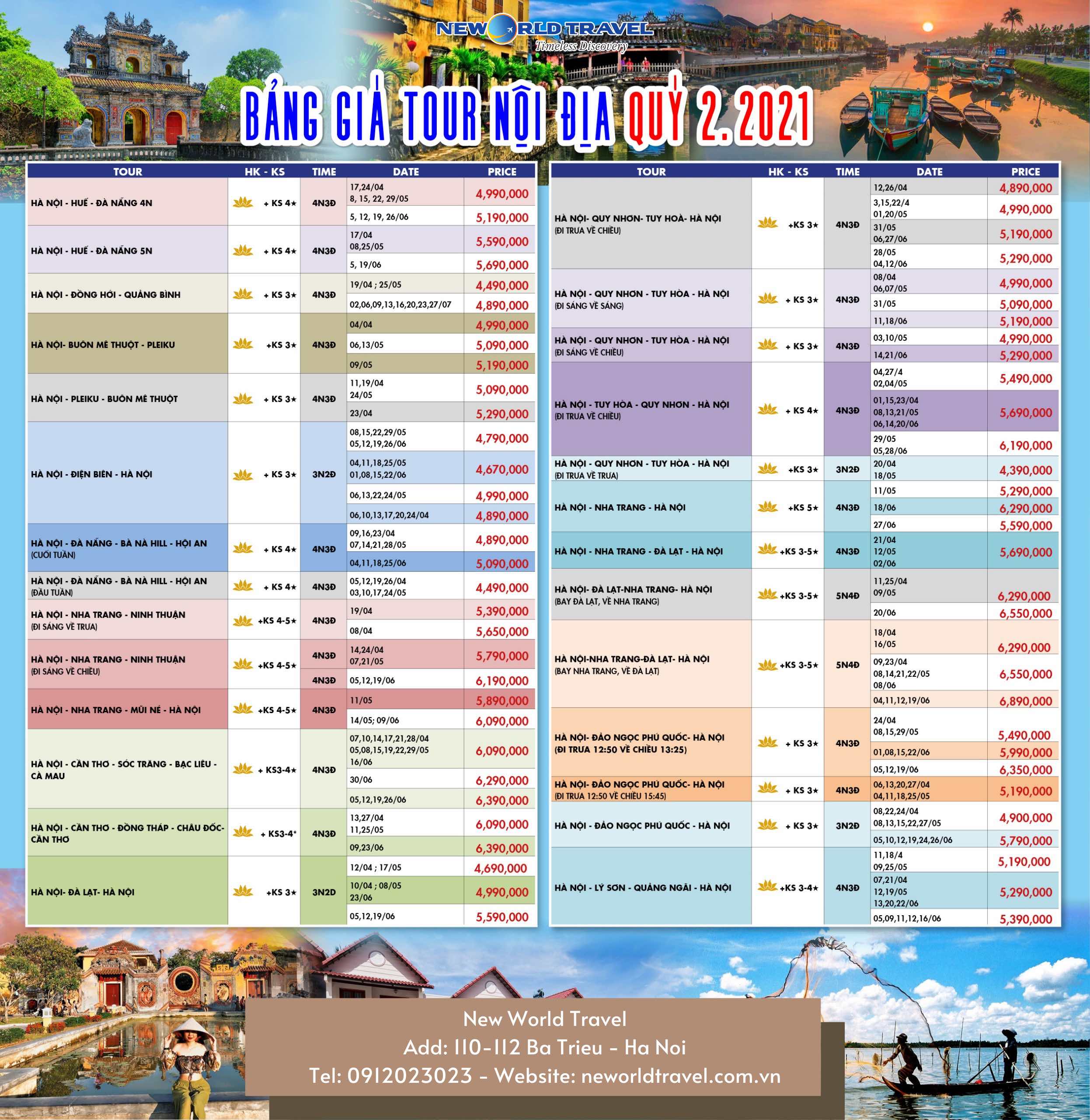 LỊCH KHỞI HÀNH TOUR NỘI ĐỊA QUÝ 02.2021