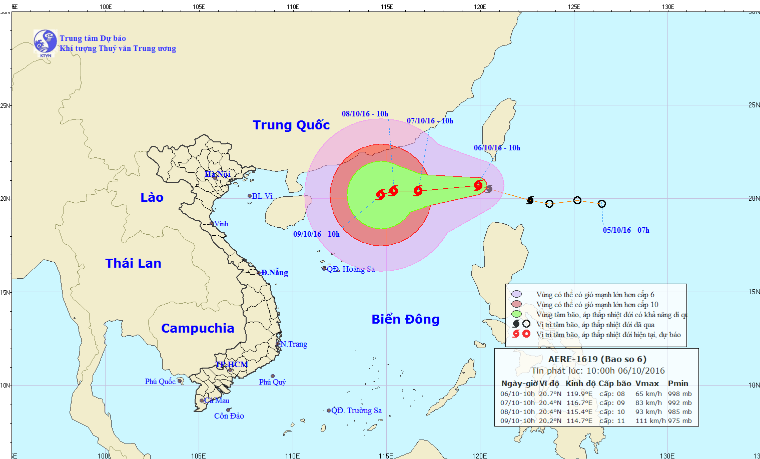 TIN BÃO TRÊN BIỂN ĐÔNG (CƠN BÃO SỐ 6, HỒI 10 GIỜ NGÀY 06/10/2016)