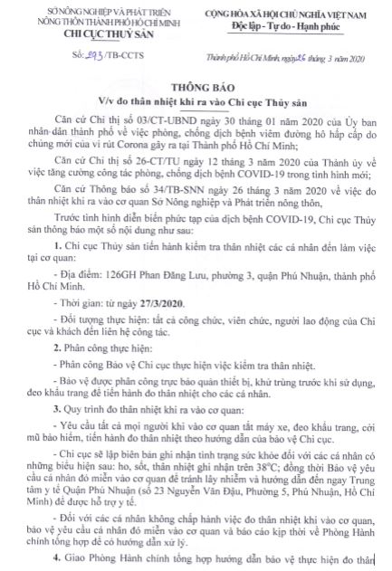 Thông báo đo thân nhiệt khi ra vào Chi cục Thủy sản