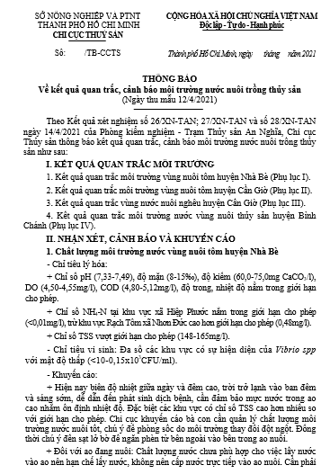 THÔNG BÁO Về kết quả quan trắc, cảnh báo môi trường nước nuôi trồng thủy sản  (Ngày thu mẫu 12/4/2021)