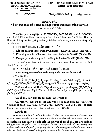 THÔNG BÁO Về kết quả quan trắc, cảnh báo môi trường nước nuôi trồng thủy sản  (Ngày thu mẫu 27/3/2021)