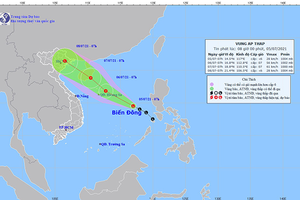 Dự báo Vùng áp thấp sẽ mạnh lên thành áp thấp nhiệt đới đi vào Biển Đông trong ngày mai