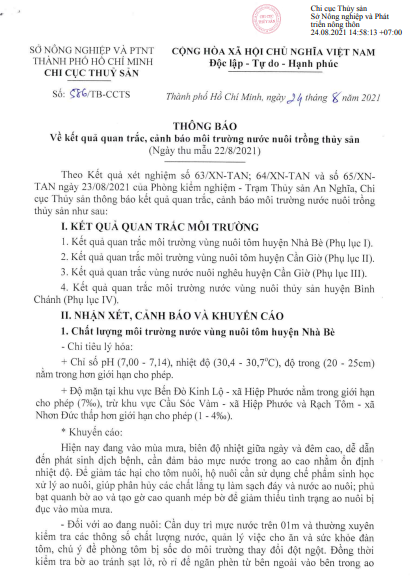 Về kết quả quan trắc, cảnh báo môi trường nước nuôi trồng thủy sản  (Ngày thu mẫu 22/8/2021)