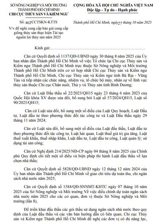 V/v đề nghị cung cấp báo giá cung cấp giống thủy sản thực hiện Tái tạo nguồn lợi thủy sản năm 2025
