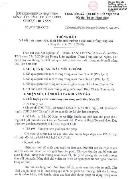 Thông báo Về quan trắc, cảnh báo môi trường nuôi trồng thủy sản (ngày 26/12/2019)