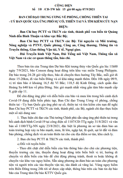 CÔNG ĐIỆN Số 10 /CĐ-TW hồi 15 giờ 00 ngày 07/9/2021: VỀ PHÒNG, CHỐNG THIÊN TAI