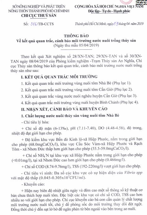 Thông báo Kết quả Quan trắc cảnh báo môi trường nước nuôi thủy sản