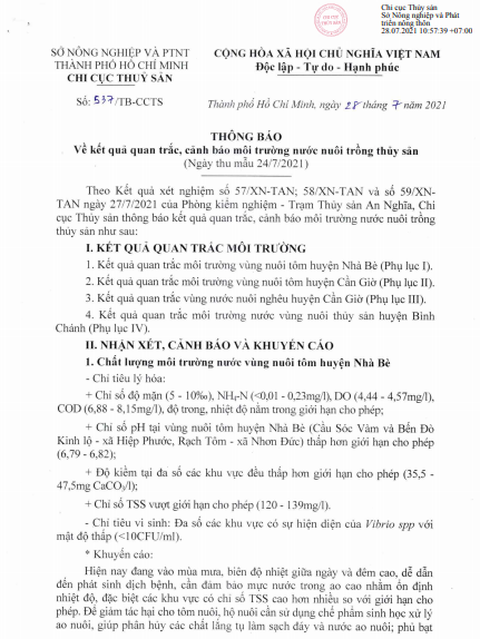 THÔNG BÁO Về kết quả quan trắc, cảnh báo môi trường nước nuôi trồng thủy sản  (Ngày thu mẫu 24/7/2021)