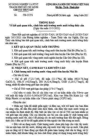 THÔNG BÁO Về kết quả quan trắc, cảnh báo môi trường nước nuôi trồng thủy sản  (Ngày thu mẫu 13/3/2021)