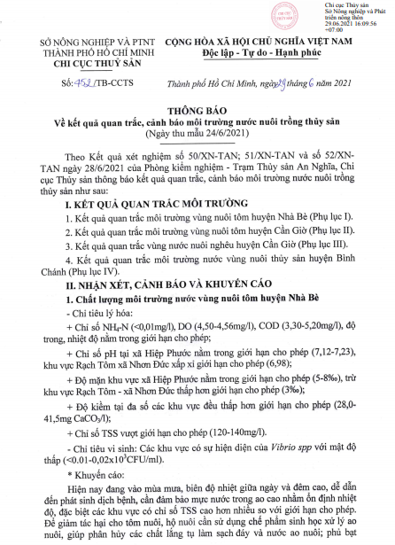 THÔNG BÁO Về kết quả quan trắc, cảnh báo môi trường nước nuôi trồng thủy sản (Ngày thu mẫu 24/6/2021)