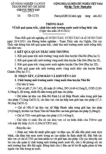 THÔNG BÁO Về kết quả quan trắc, cảnh báo môi trường nước nuôi trồng thủy sản  (Ngày thu mẫu 26/4/2021)