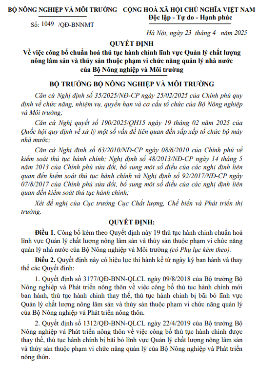 Về việc công bố chuẩn hoá thủ tục hành chính lĩnh vực Quản lý chất lượng nông lâm sản và thủy sản thuộc phạm vi chức năng quản lý nhà nước của Bộ Nông nghiệp và Môi trường