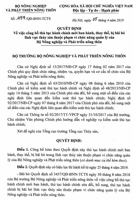 Về việc công bố thủ tục hành chính mới ban hành, thay thế, bị bãi bỏ lĩnh vực thủy sản thuộc Bộ NN và PTNT