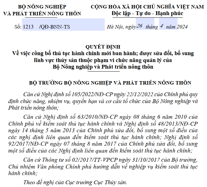 Quyết định 1213/QĐ-BNN-TS ngày 26 tháng 4 năm 2024