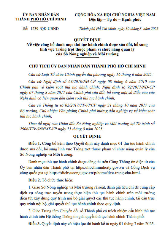 QUYẾT ĐỊNH Về việc công bố danh mục thủ tục hành chính được sửa đổi, bổ sung lĩnh vực Trồng trọt thuộc phạm vi chức năng quản lý của Sở Nông nghiệp và Môi trường