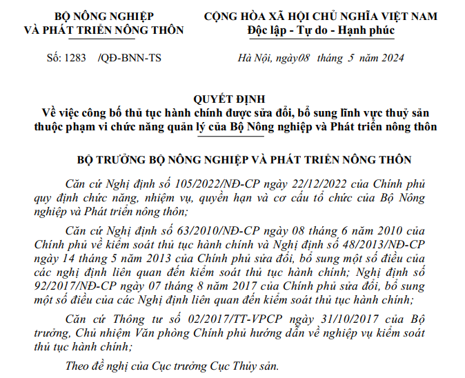 Quyết định 1283/QĐ-BNN-TS ngày 08 tháng 5 năm 2024