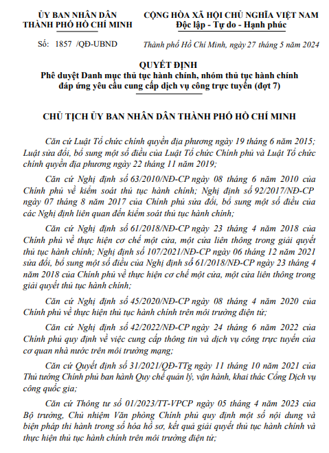 Quyết định 1857/QĐ-UBND ngày 27/05/2024. Phê duyệt Danh mục thủ tục hành chính, nhóm thủ tục hành chính đáp ứng yêu cầu cung cấp dịch vụ công trực tuyến (đợt 7).