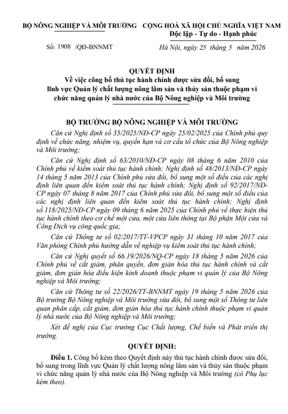 QUYẾT ĐỊNH Về việc công bố thủ tục hành chính được sửa đổi, bổ sung lĩnh vực Quản lý chất lượng nông lâm sản và thủy sản thuộc phạm vi chức năng quản lý nhà nước của Bộ Nông nghiệp và Môi trường