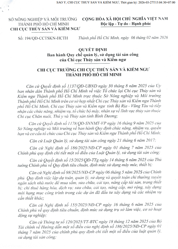 Quyết định ban hành quy chế quản lý, sử dụng tài sản công của Chi cục Thủy sản và Kiểm ngư