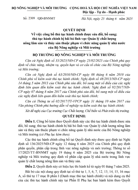 QUYẾT ĐỊNH Về việc công bố thủ tục hành chính được sửa đổi, bổ sung; thủ tục hành chính bị bãi bỏ lĩnh vực Quản lý chất lượng nông lâm sản và thủy sản thuộc phạm vi chức năng quản lý nhà nước của Bộ Nông nghiệp và Môi trường