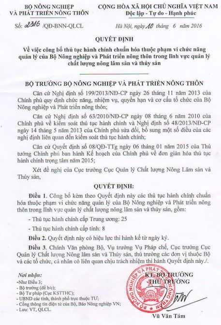 Quyết định số 2316/QĐ-BNN-QLCL ngày 10/6/2016 của Bộ Nông nghiệp và PTNT Về việc công bố thủ tục hành chính chuẩn hóa thuộc phạm vi chức năng quản lý của Bộ Nông nghiệp và Phát triển nông thôn