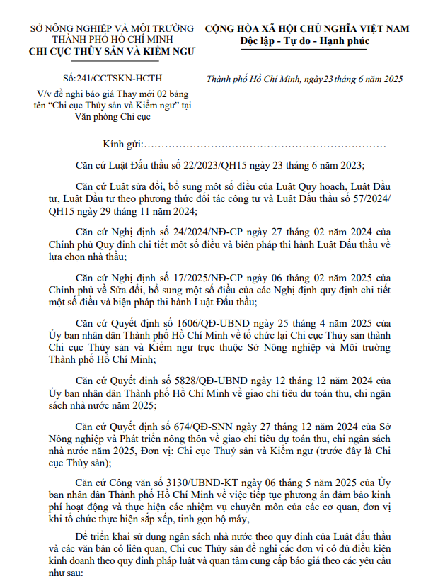 V/v đề nghị báo giá