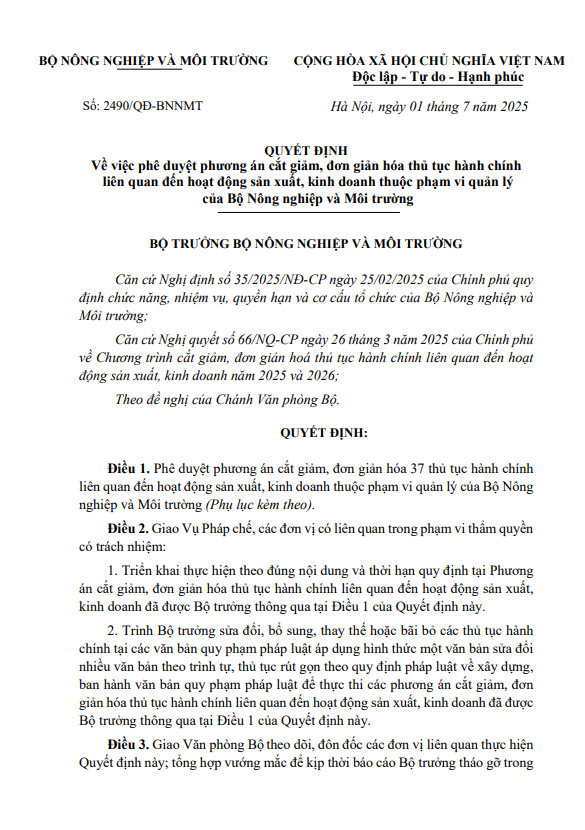 QUYẾT ĐỊNH Về việc phê duyệt phương án cắt giảm, đơn giản hóa thủ tục hành chính liên quan đến hoạt động sản xuất, kinh doanh thuộc phạm vi quản lý của Bộ Nông nghiệp và Môi trường