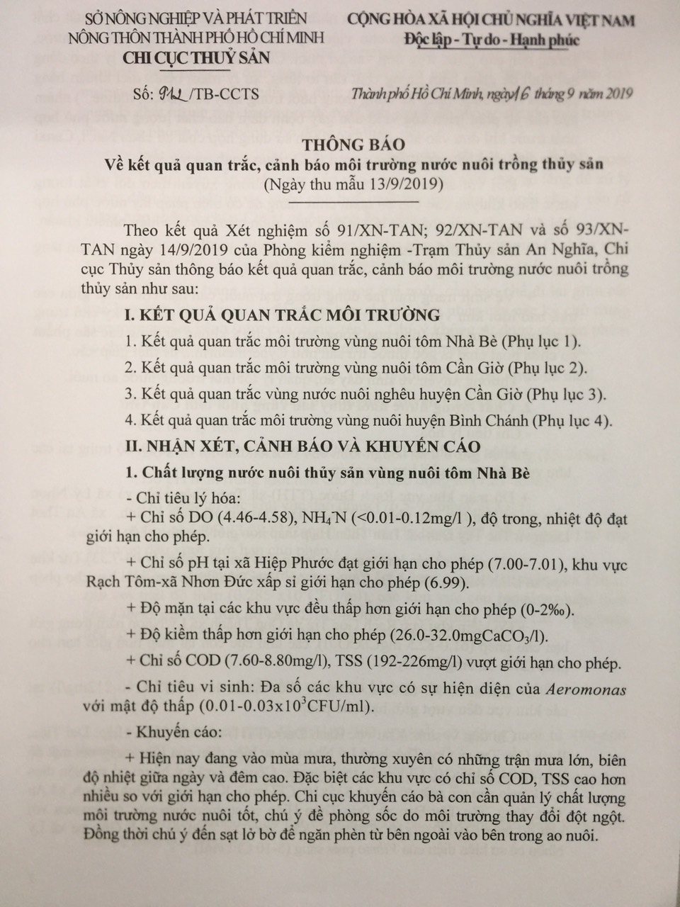 Về kết quả quan trắc, cảnh báo môi trường nước nuôi trồng thủy sản (Ngày thu mẫu 13/9/2019)