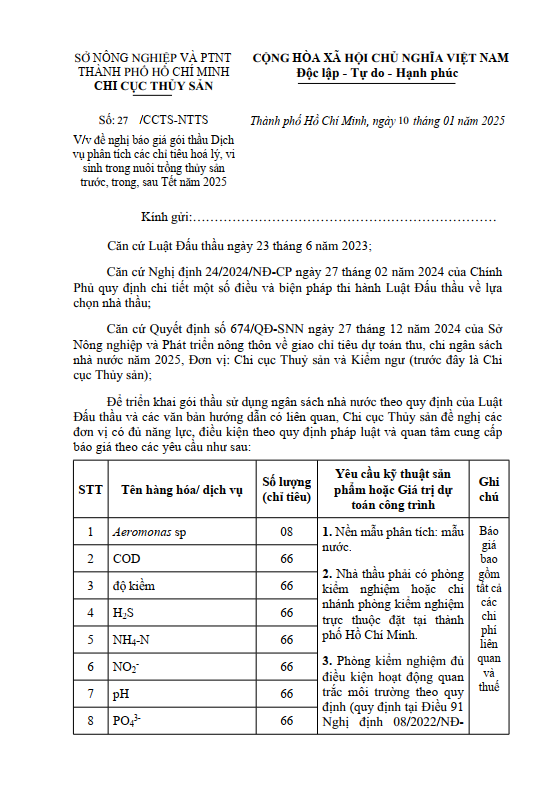 V/v đề nghị báo giá gói thầu Dịch vụ phân tích các chỉ tiêu hoá lý, vi sinh trong nuôi trồng thủy sản trước, trong, sau Tết năm 2025