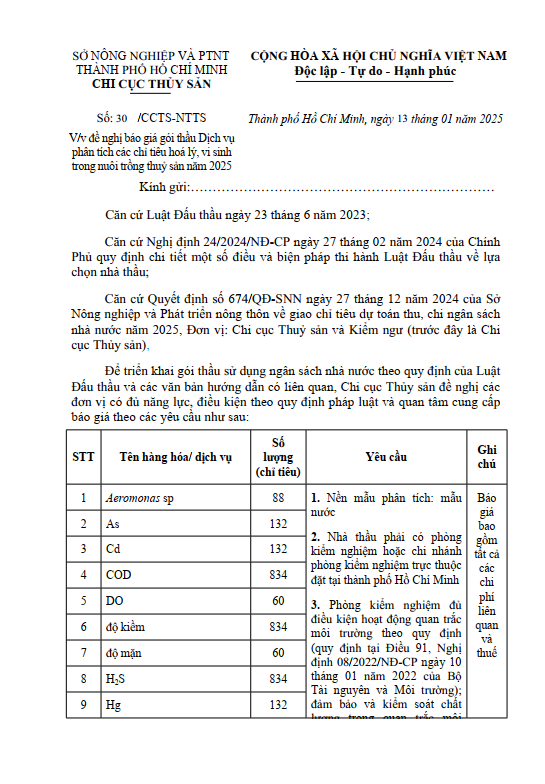 V/v đề nghị báo giá gói thầu Dịch vụ phân tích các chỉ tiêu hoá lý, vi sinh trong nuôi trồng thuỷ sản năm 2025
