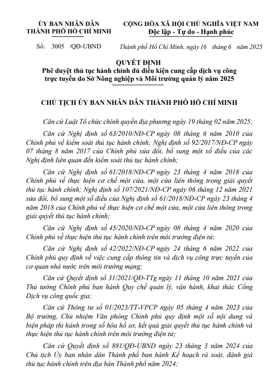 Quyết định phê duyệt thủ tục hành chính dduur điều kiện cung cấp DVCTT do Sở Nông nghiệp và Môi trường quản lý năm 2025