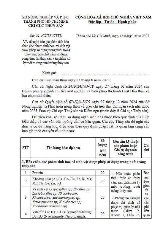 V/v đề nghị báo giá phân tích hóa chất, chế phẩm sinh học, vi sinh vật được phép sử dụng trong nuôi trồng thủy sản; hóa chất cấm sử dụng trong thức ăn thủy sản, sản phẩm xử lý môi trường nuôi trồng thủy sản