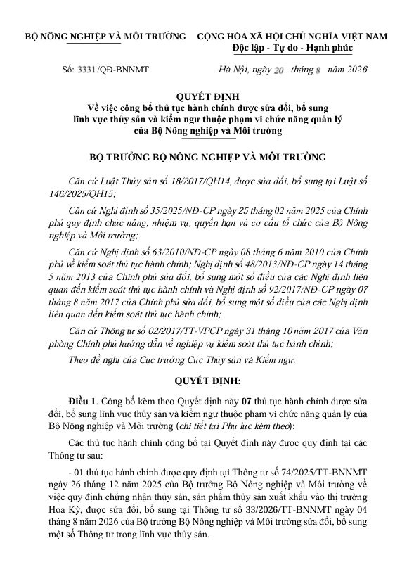 QUYẾT ĐỊNH  Về việc công bố thủ tục hành chính được sửa đổi, bổ sung   lĩnh vực thủy sản và kiểm ngư thuộc phạm vi chức năng quản lý   của Bộ Nông nghiệp và Môi trường