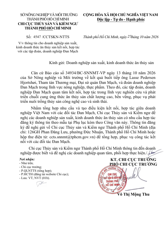 Công văn "V/v thông tin cho doanh nghiệp sản xuất, kinh doanh thức ăn thủy sản kết nối, hợp tác  với các tập đoàn, doanh nghiệp Đan Mạch".