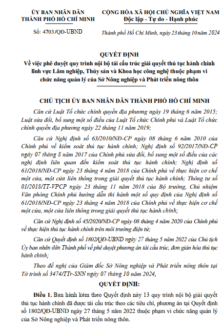 Về việc phê duyệt quy trình nội bộ tái cấu trúc giải quyết thủ tục hành chính lĩnh vực Lâm nghiệp, Thủy sản và Khoa học công nghệ thuộc phạm vi chức năng quản lý của Sở Nông nghiệp và Phát triển nông thôn