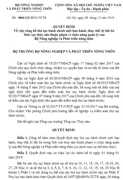 Quyết định số 4866/QĐ-BNN-TCTS ngày 10/12/2018 của Bộ Nông nghiệp và PTNT Về việc công bố thủ tục hành chính mới ban hành, thay thế, bị bãi bỏ lĩnh vực thủy sản thuộc Bộ NN và PTNT