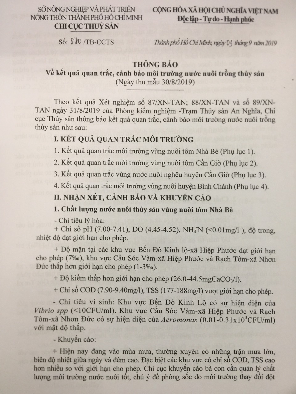 Về kết quả quan trắc, cảnh báo môi trường nước nuôi trồng thủy sản  (Ngày thu mẫu 30/8/2019)