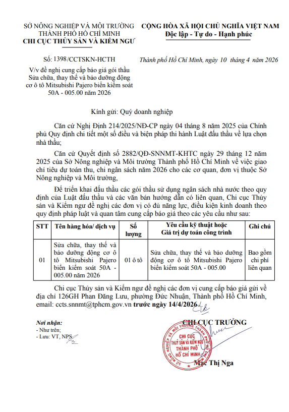Thông Báo "V/v đề nghị cung cấp báo giá gói thầu Sửa chữa, thay thế và bảo dưỡng động cơ ô tô Mitsubishi Pajero biển kiểm soát 50A - 005.00 năm 2026"