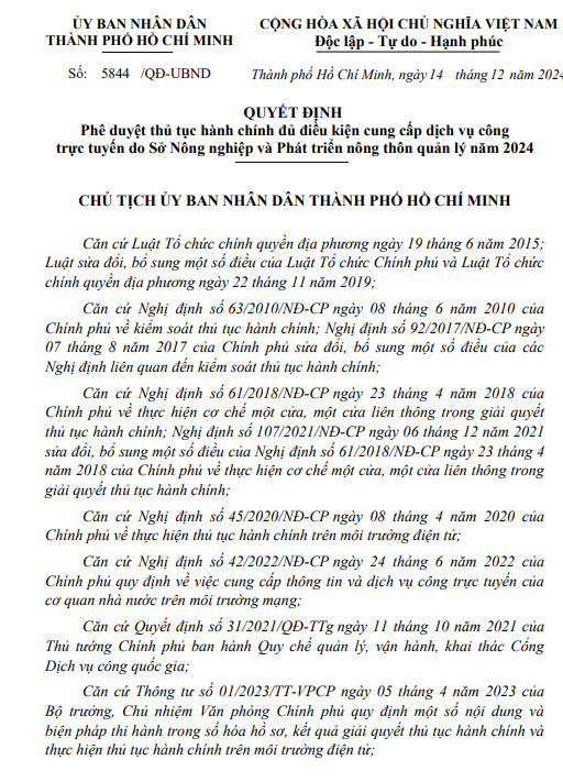 Phê duyệt thủ tục hành chính đủ điều kiện cung cấp dịch vụ công trực tuyến do Sở Nông nghiệp và Phát triển nông thôn quản lý năm 2024