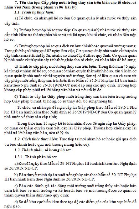 7. Tên thủ tục: Cấp phép nuôi trồng thủy sản trên biển cho tổ chức, cá nhân Việt Nam (trong phạm vi 06  hải lý)