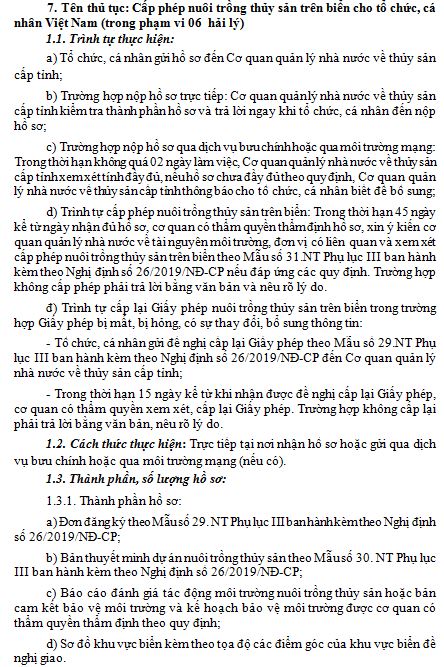 20__Thủ tục: Cấp phép nuôi trồng thủy sản trên biển cho tổ chức, cá nhân Việt Nam (trong phạm vi 06  hải lý)