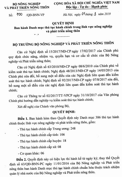 Ban hành Danh mục TTHC trong lĩnh vực nông ngiệp và phát triển nông thôn