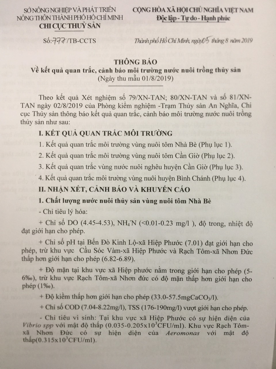 Về kết quả quan trắc, cảnh báo môi trường nước nuôi trồng thủy sản  (Ngày thu mẫu 01/8/2019)