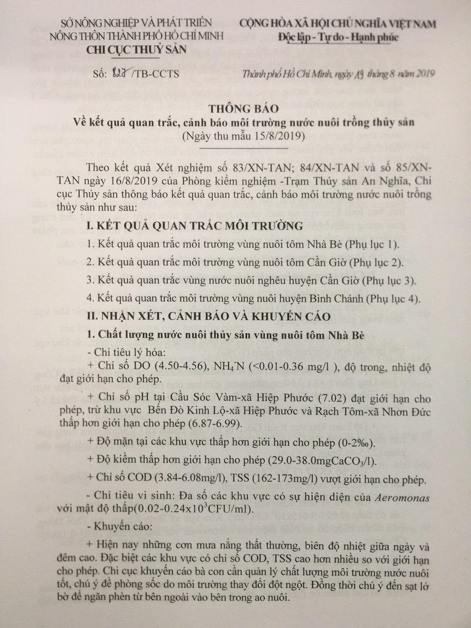 Về kết quả quan trắc, cảnh báo môi trường nước nuôi trồng thủy sản  (Ngày thu mẫu 15/8/2019)