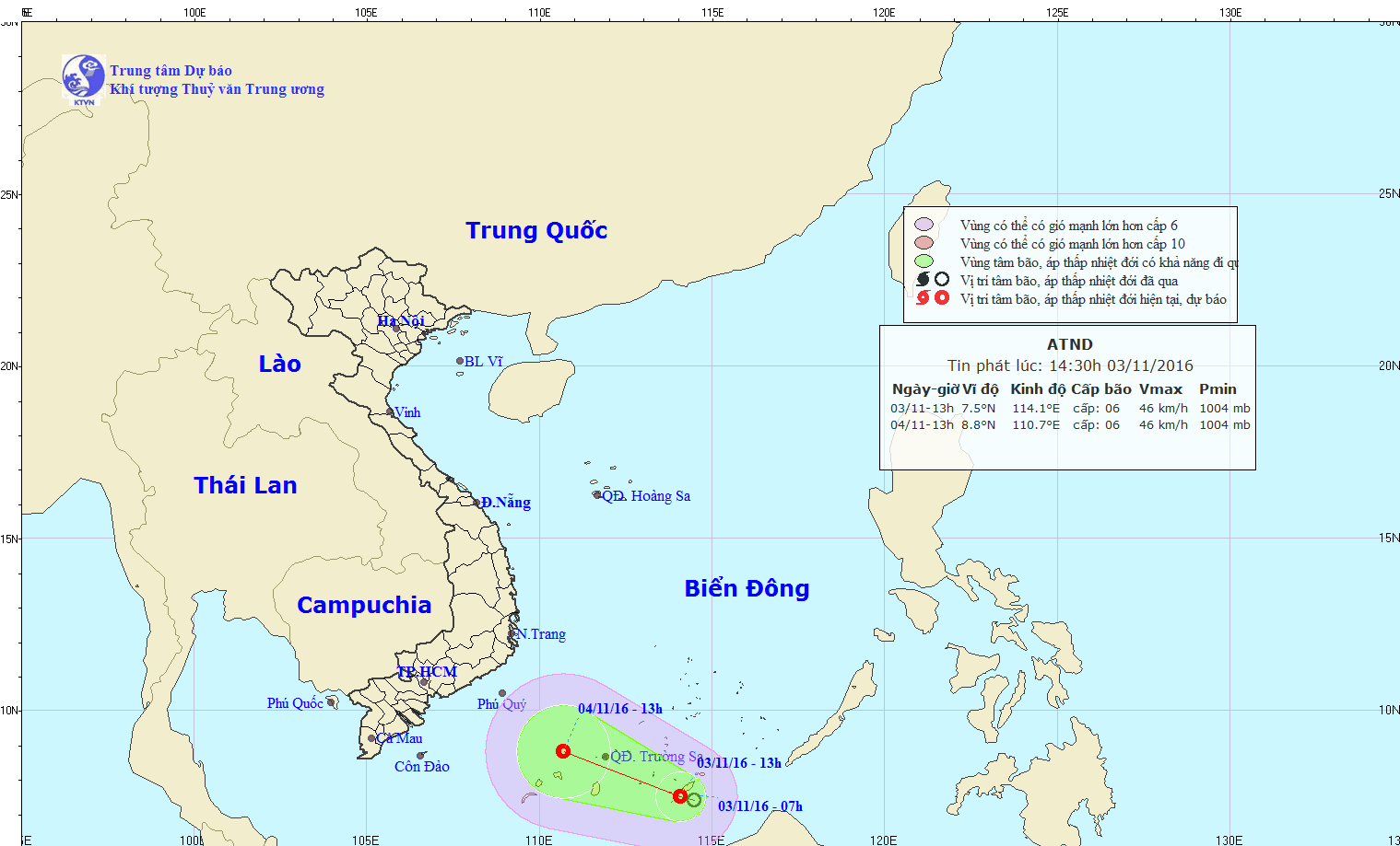 TIN ÁP THẤP NHIỆT ĐỚI TRÊN BIỂN ĐÔNG (HỒI 13 GIỜ, NGÀY 03/11/2016)