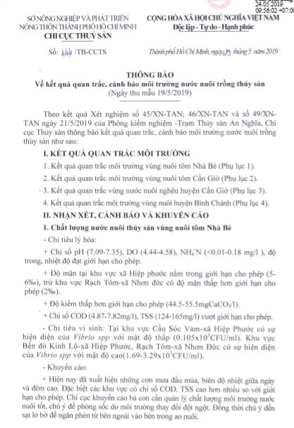 THÔNG BÁO Về kết quả quan trắc, cảnh báo môi trường nước nuôi trồng thủy sản  (Ngày thu mẫu 19/5/2019)