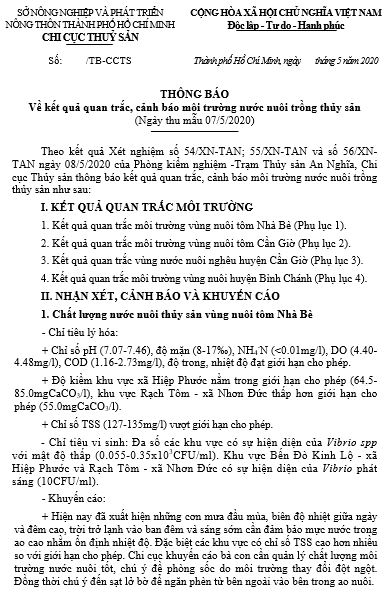 Về kết quả quan trắc, cảnh báo môi trường nước nuôi trồng thủy sản  (Ngày thu mẫu 07/5/2020)