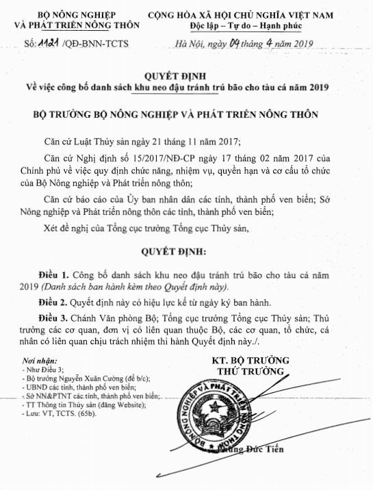 Công bố danh sách khu neo đậu tránh trú bão cho tàu cá năm 2019