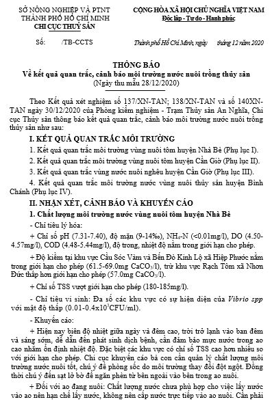 Thông báo Quan trắc, cảnh báo môi trường (ngày 28/12/2020)