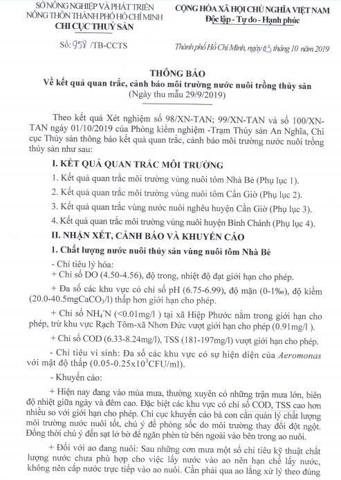 Về kết quả quan trắc, cảnh báo môi trường nước nuôi trồng thủy sản  (Ngày thu mẫu 29/9/2019)